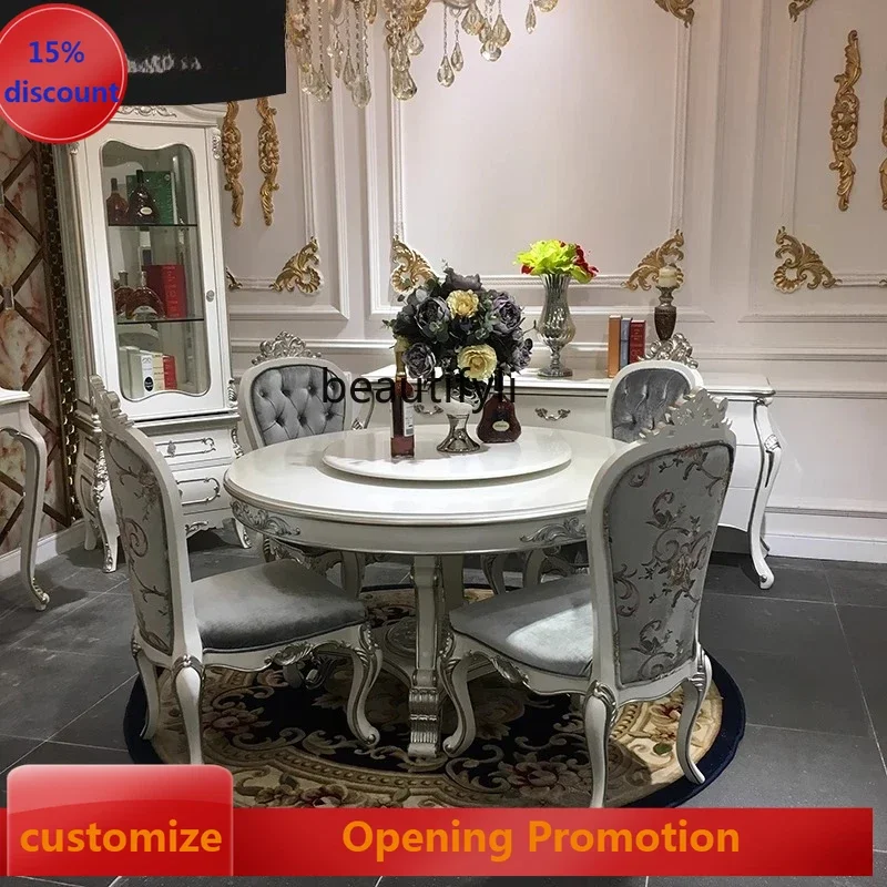 ss8350 French solid wood round dining table dining chair combination European court simple luxury carving
