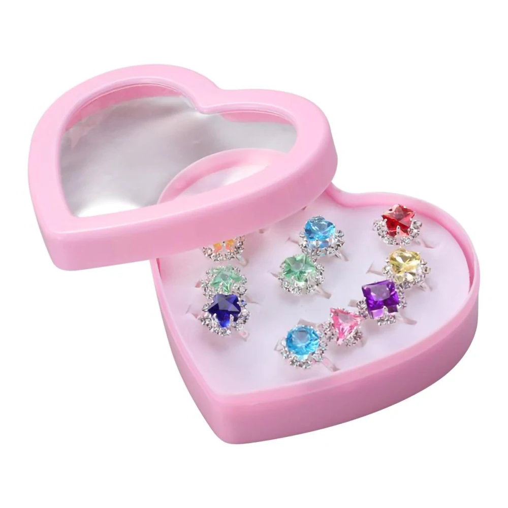 12 stücke Kinder Ring Cartoon Kunststoff Diamant Kristall Schmuck Geburtstag schöne bunte Diamante Set mit herzförmigen Box Girl