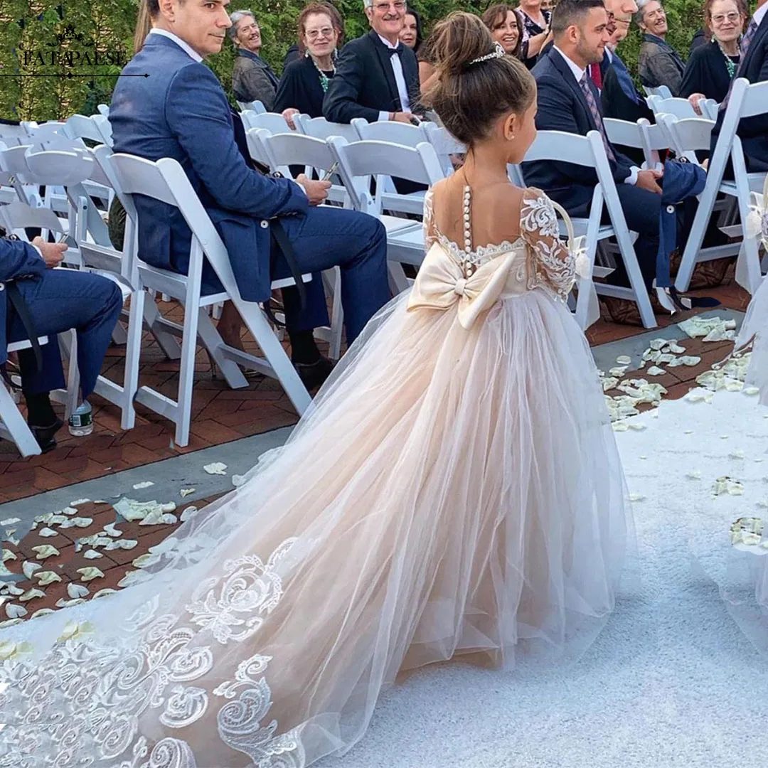 3-9 anni pizzo tulle ragazza di fiore vestire bottoni fiocchi prima comunione per bambini abito da ballo festa di nozze abito da damigella d\'onore