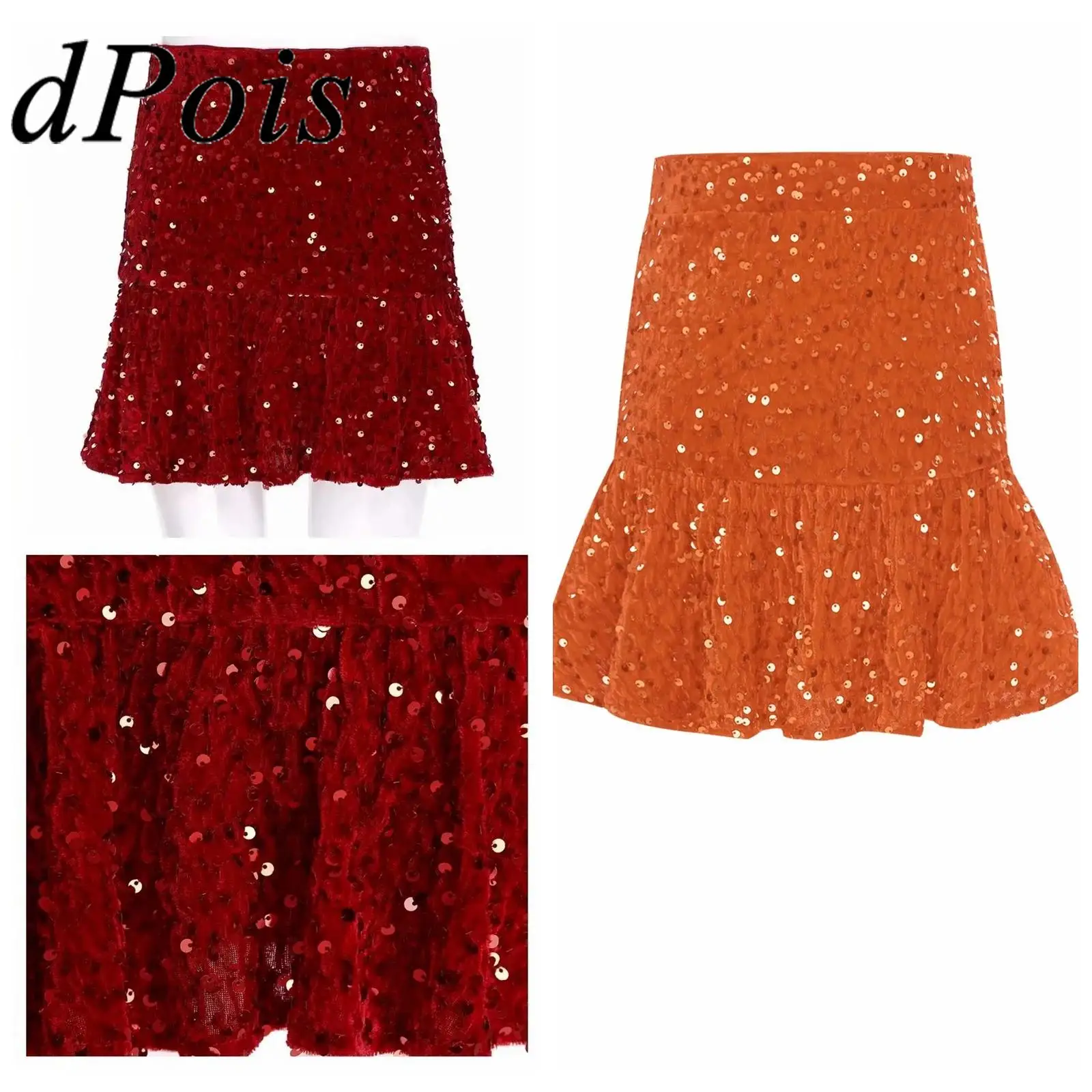 

Children Sparkly Jazz Dance Clothes Streetwear Performance Sequins Skirts for Girls Fashion Teens Elastic Waist Ruffled Skirt