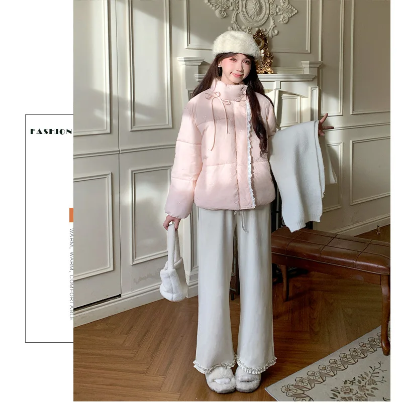 Sweet Pink Bow Stand Collar Puffer Jacket Women Korean Lace Spliced Thick Outerwear Students Winter Warm Cropped Cotton Jackets