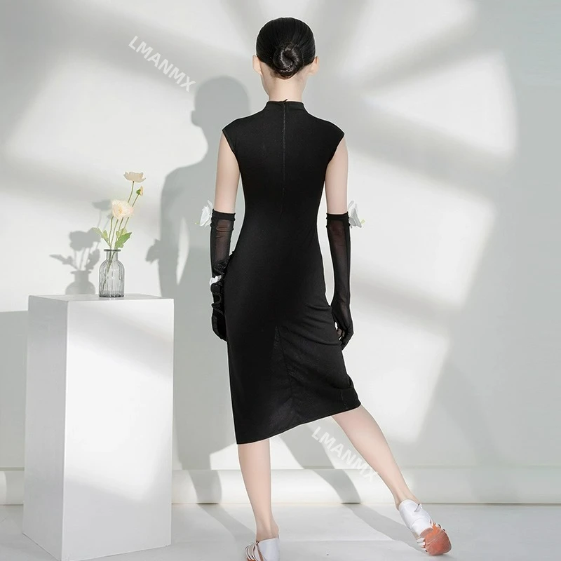 Vestido de actuación para niña, vestido de competición negro, vestido de baile cheongsam adelgazante, vestido de actuación de entrenamiento retro delgado