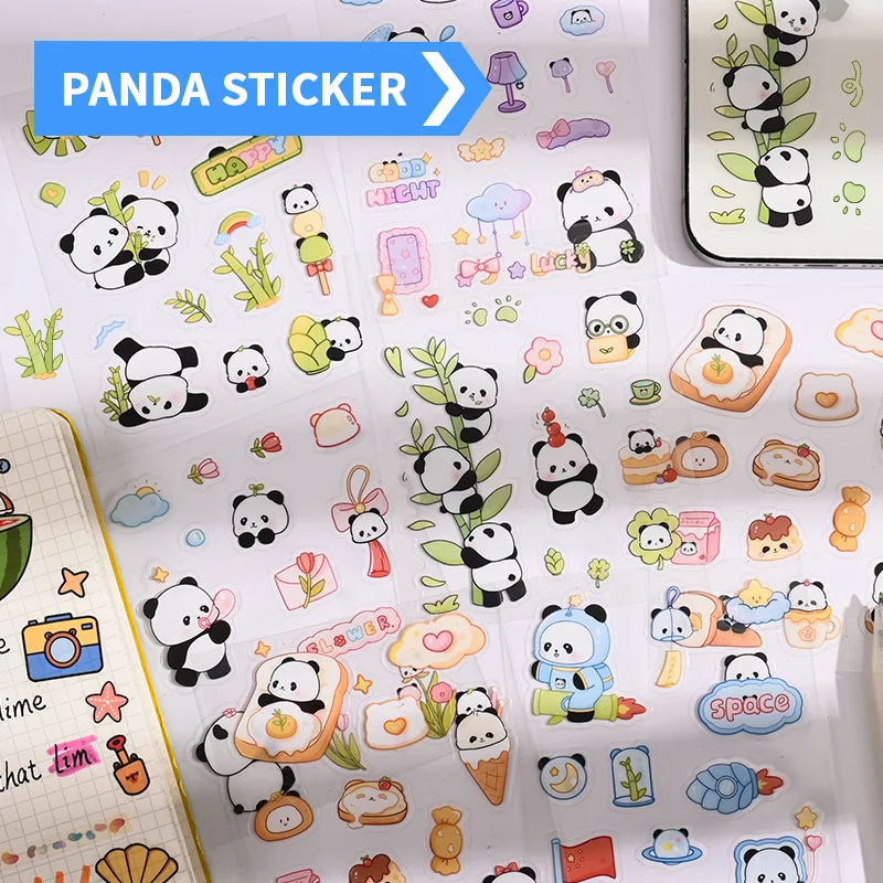 8Pcs Cute Handmade Panda Pattern Cartoon Stickers for Kids Fun Self-Adhesive Planner Stickers Waterproof Panda Stickers