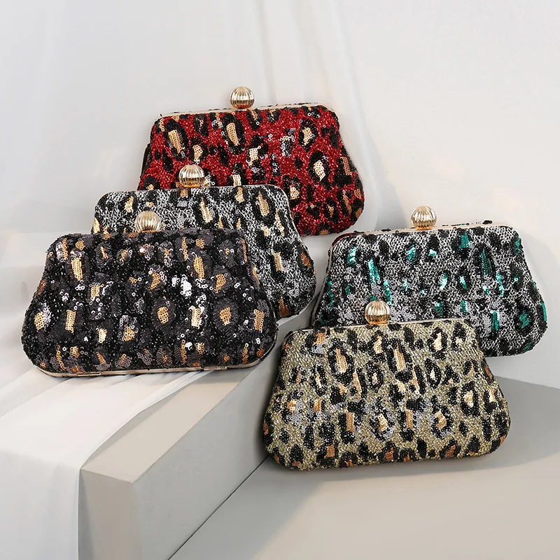 

Vintage Women Bags Leopard Pattern Embroidered Sequins Frame Clutch Bags Dress Banquet Evening Bag Luxury Handbags Female Purses