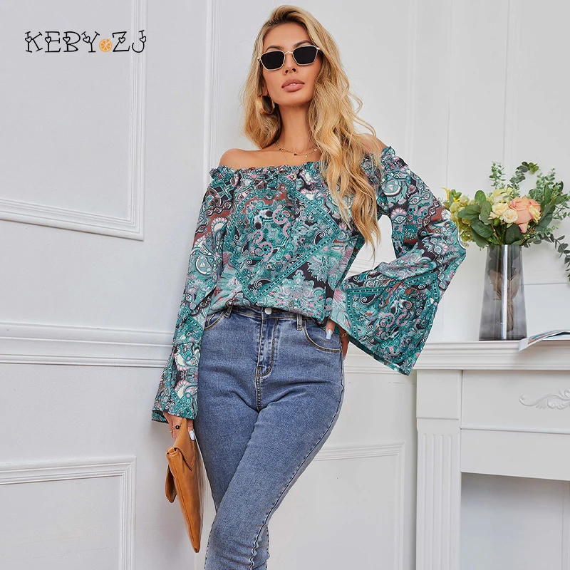 

KEBY ZJ Fashion Woman Blouses 2022 Female Clothing Vintage Long Sleeve Top Shirt Casual Off The Shoulder Floral Print Blouse