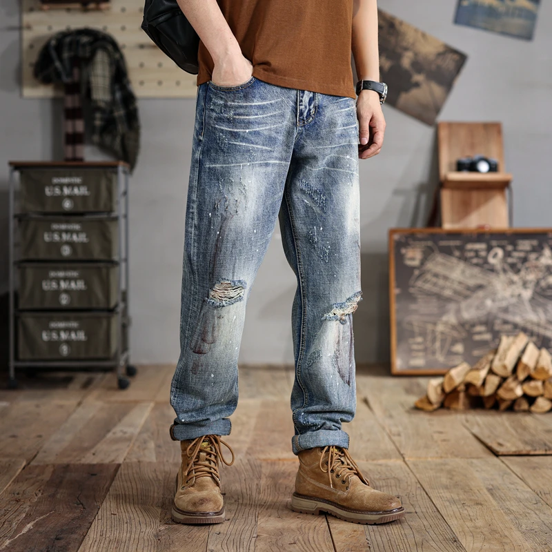 28-48Large Size Men's Jeans Broken Hole Design Distressed Retro Loose Straight Street Trend Fashion Fat Guy's Pants