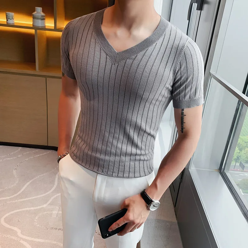 2023 Men\'s Summer Casual Knitting Ice Silk T-shirt/Male Slim Fit V-Neck Short Sleeve T-Shirt Slim Fit Tees Plus Size S-4XL