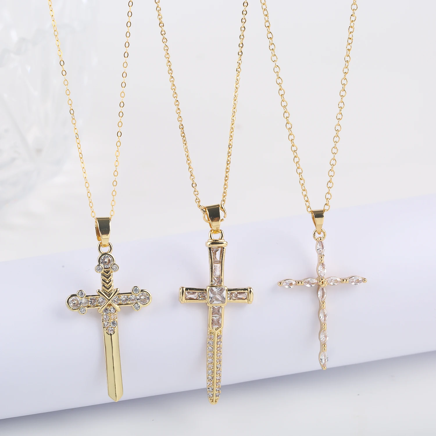 Trendy 2023 Jewelry Gift: Stunning Zircon Cross Pendant Necklace with 4 Model Selection Gemstones for Women