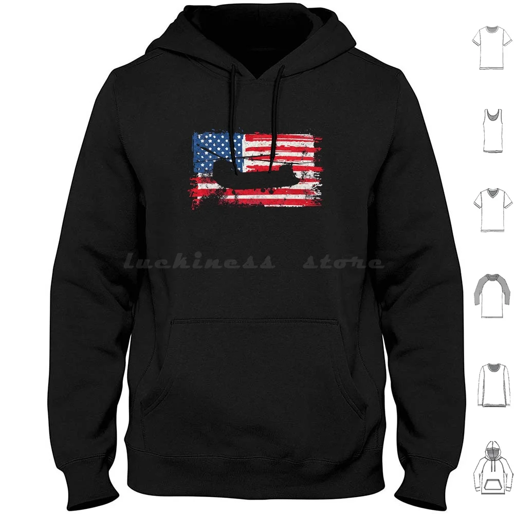 Chinook-47 Helicopter Us Military On Vintage Flag Hoodies Long Sleeve Chinook Helicopter Military Stars And Stripes Us