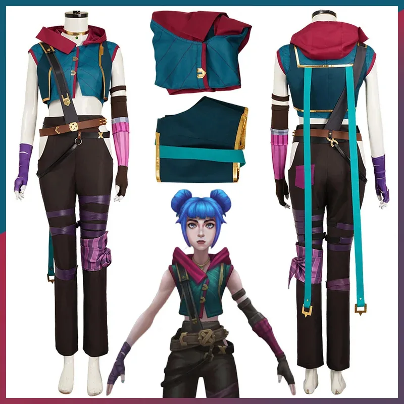 Anime Disguise Arcane Jinx Game LoL Blue and Red Hoodie Set Adult Female Girl Role Playing Party Costume sf/1