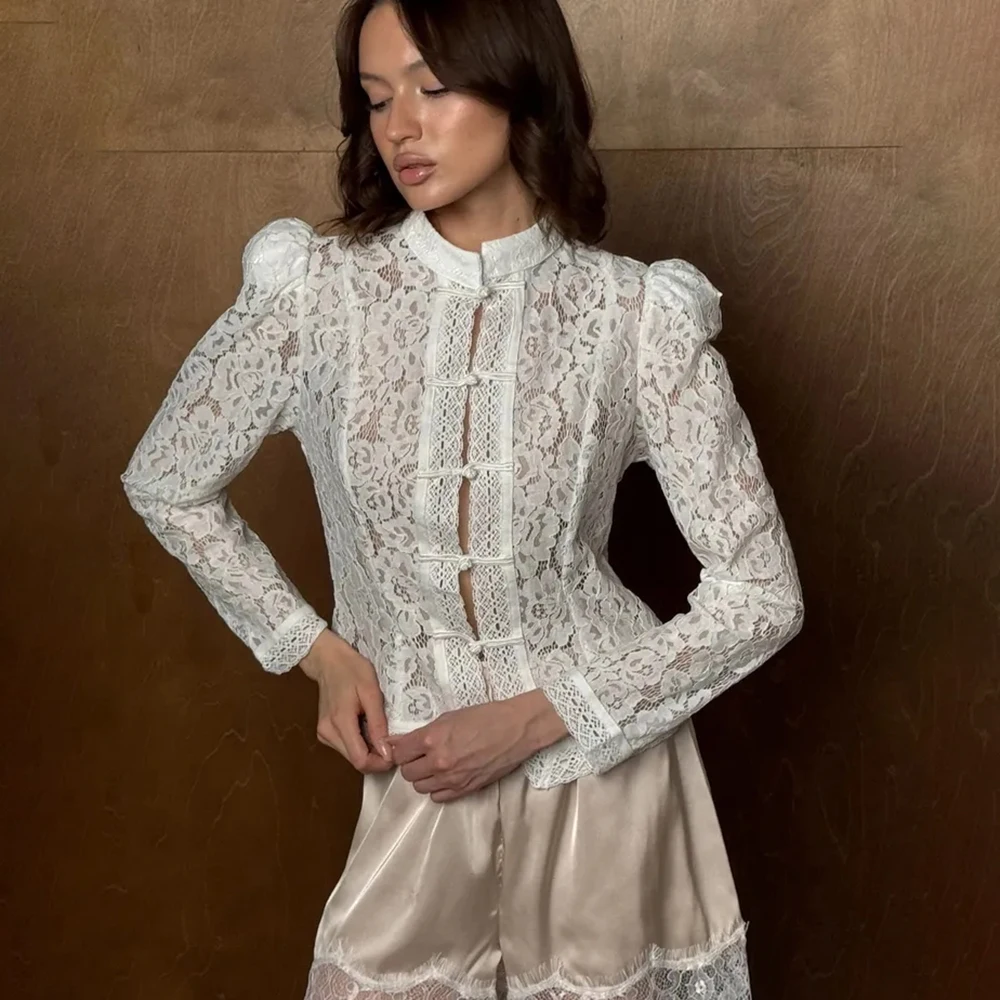 

Talenza Lace Hook Flower Shirt For Women Long Sleeve Patchwork Single Breasted Cardigan Female Fashion Elegant Party Slim Shirt