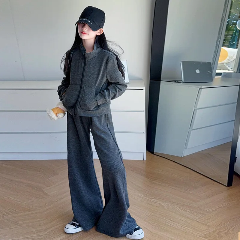 

Children Girls Sets Autumn Kids Girls Turn Down Collar Coat School Girls Elastic Waist Sweatpant Teenager Girls Striped Outfit