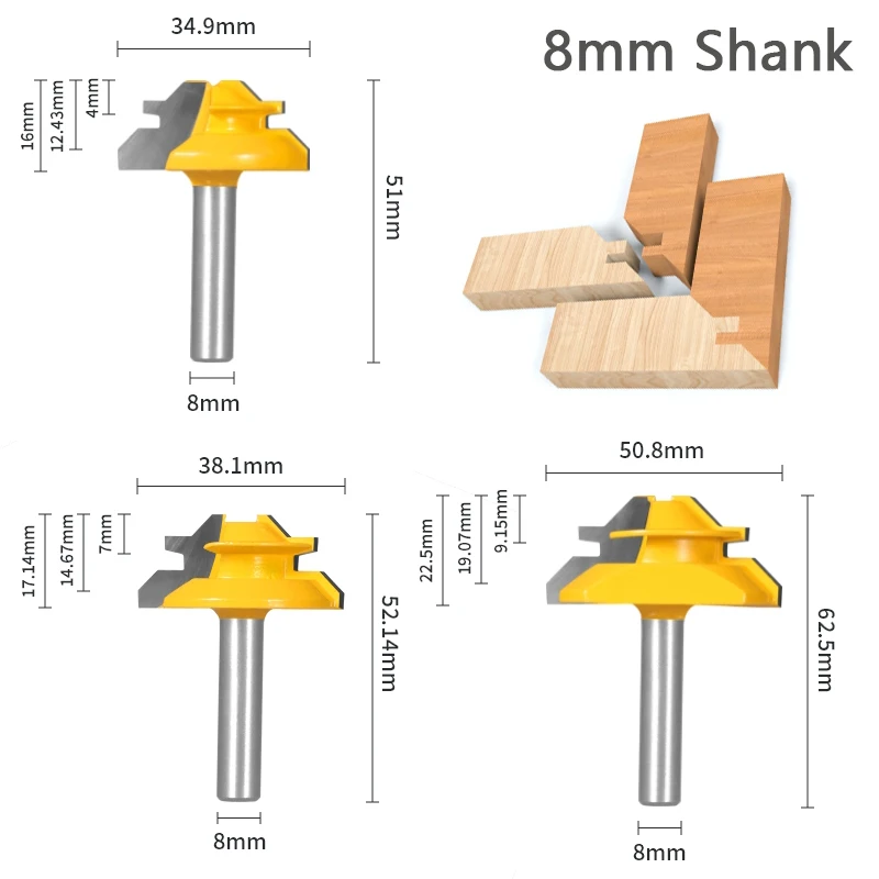 1 Pcs 8mm shank  45 Degree Lock Miter Router Bit Tenon Milling Cutter for Woodworking Tool Carbide Alloy