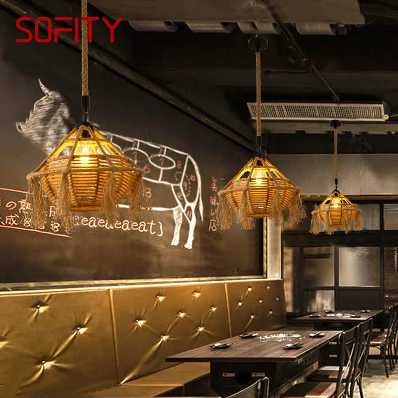 SOFITY American Style Retrohemp Rope Chandelier Nostalgic Loft Industrial Style Internet Cafe Restaurant Hot Pot Shop Pendant