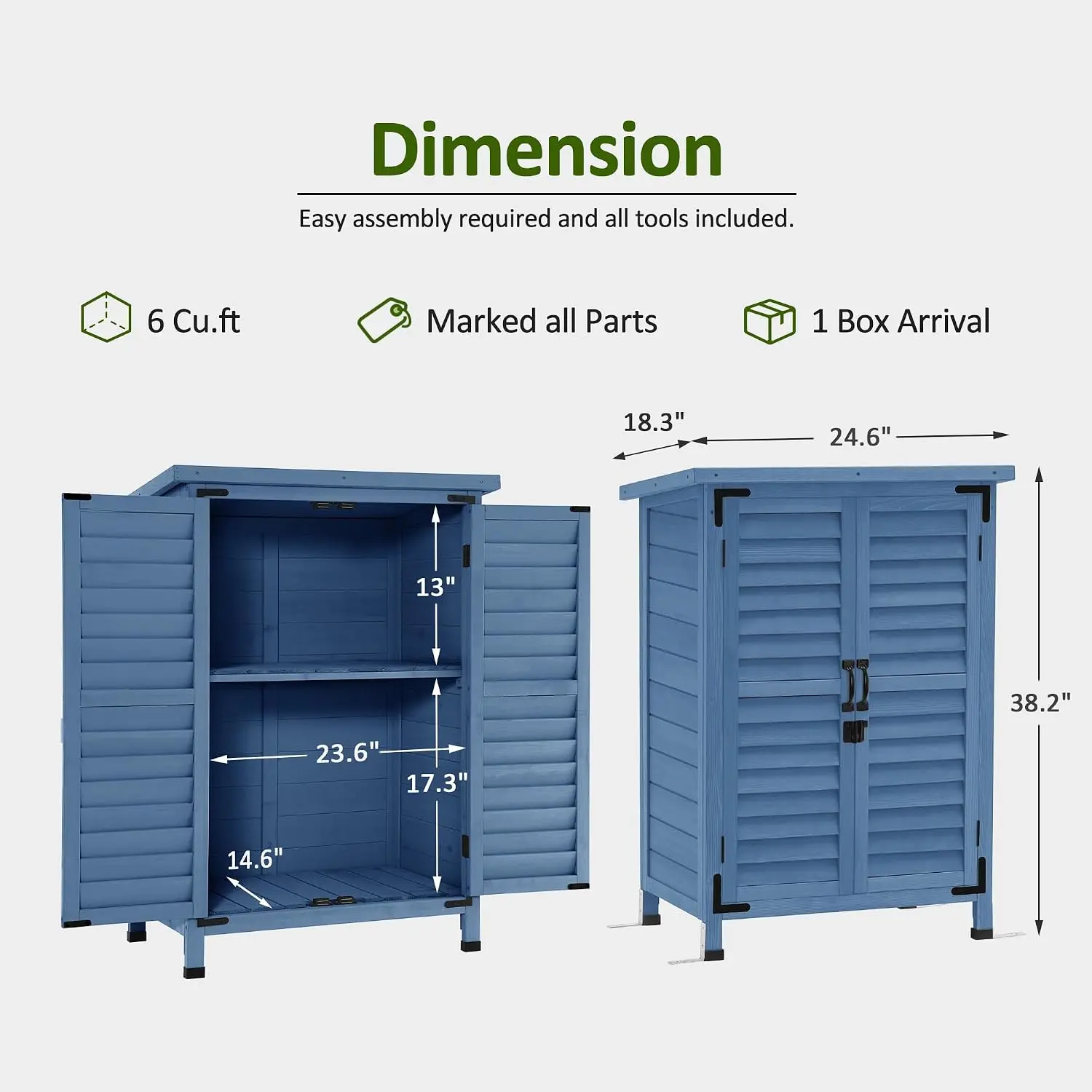 Small Wood Outdoor Storage Cabinet 24.6x18.3x38.2 In Garden Tool Shed Asphalt Roof Removable Shelf 2 Doors 4 Metal Feet Nails for Patio Porch Blue - view 2