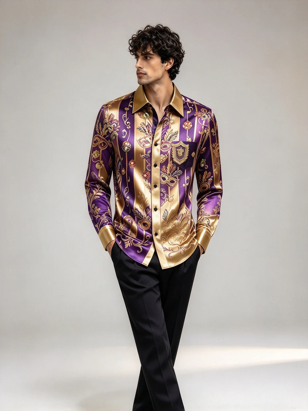 2026 Men's Bright Purple Long-Sleeved Shirt with Fun Pattern Colorful Printed Shirt Carnival Mask Party Costume Christmas Gift