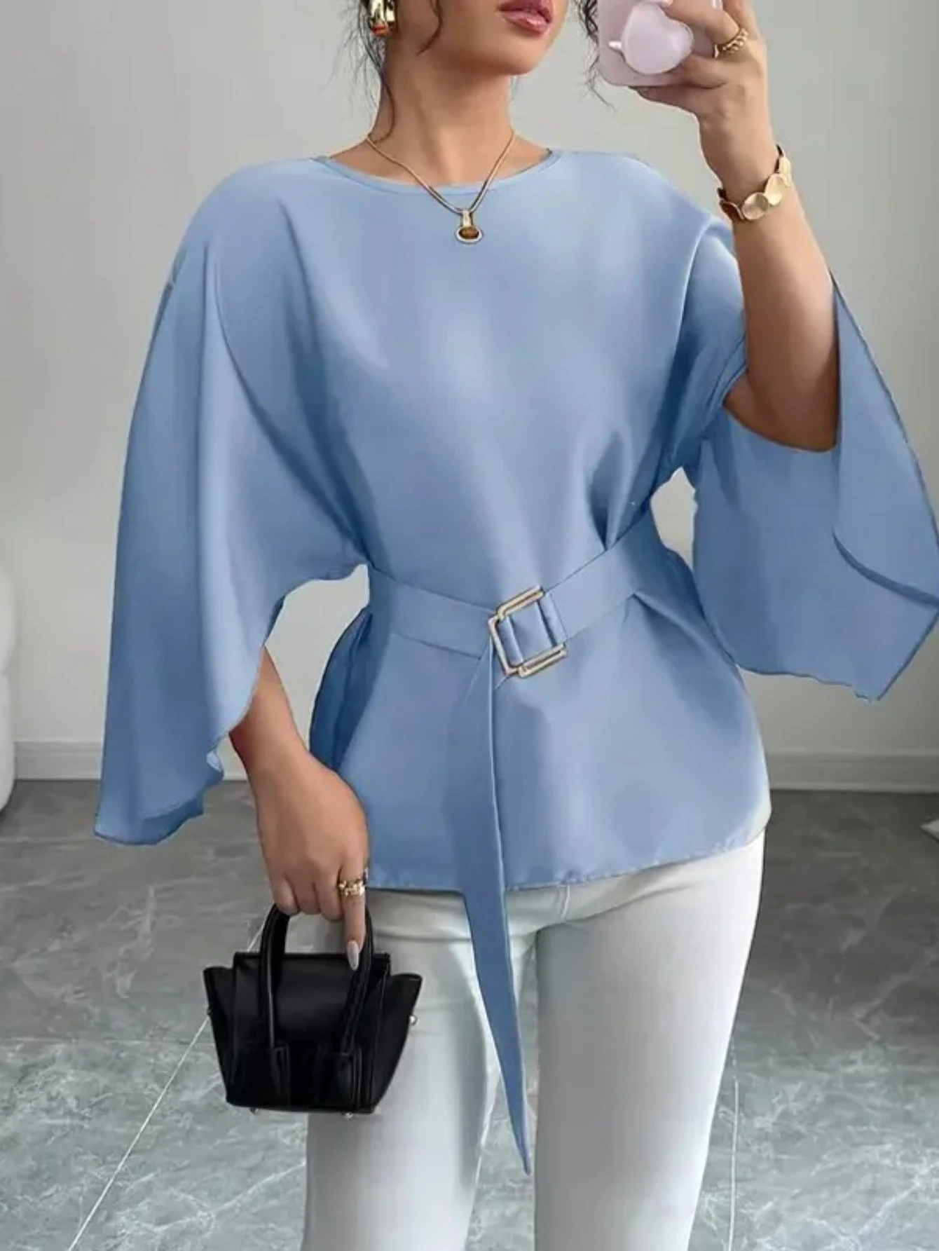 

Elegant Loose Blouset With Belt Women Summer Fashion Half Sleeve Solid Color New Shirts And Blouses Casual Lady Tops