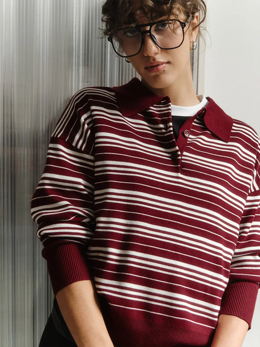 

2025 Autumn Women's Color Block Polo Neck Knit T-Shirt Oversized Retro Stripe Pullover Sweater Casual Daily Wear Office & Date