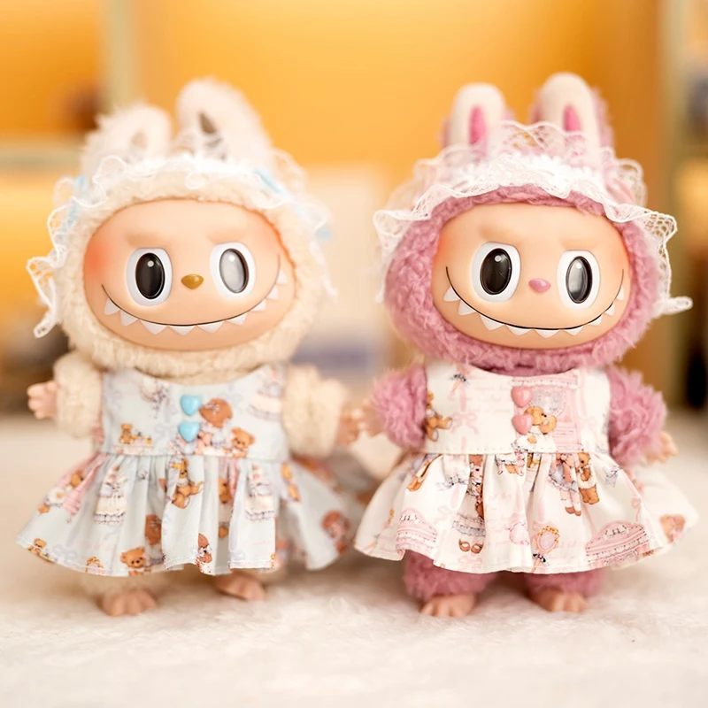 17cm Labubu Doll Clothes Lace Headband Cartoon Bear Print Dress Baby Pendant Clothes Suspender Pants Clothes Replacement Gift