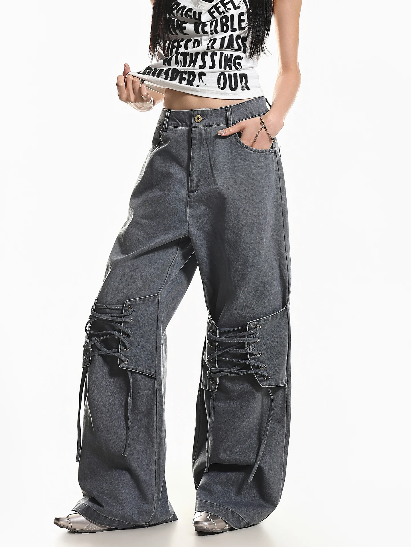 

XPKAEAX American High Street Retro Wash Design Sense Tie Loose Wide Leg Jeans Women Summer Bell Bottoms Casual Straight Leg J...