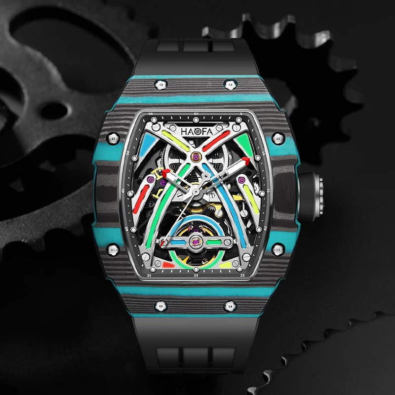 Haofa Mechanical watch Man Luminous 3D Hollow Skeleton Sport Automatic Movement Carbon Fiber 316 Stainless Steel Wristwatch 1970