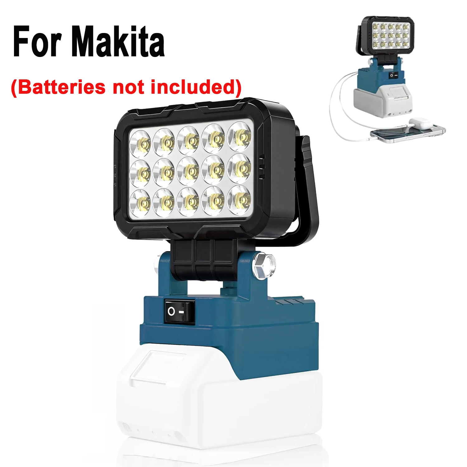 

Светодиодный рабочий фонарь для Makita 18V 40W 6000LM, 2 USB-порта, 145 ° Регулируемый беспроводной прожектор (батарея в комплект не входит)