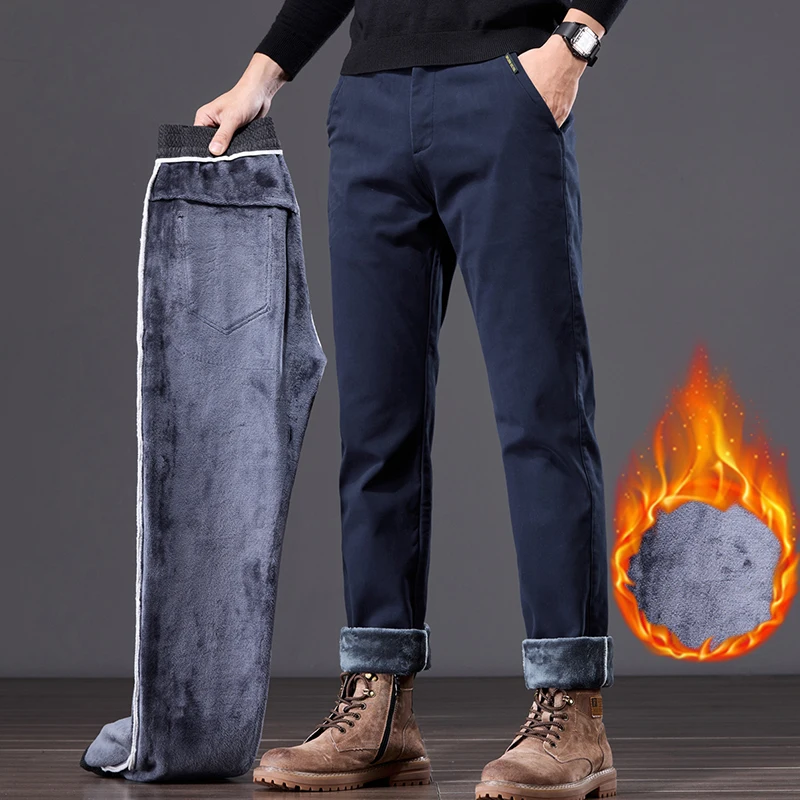Size 28-38 Winter Warm Casual Pants Men\'s Straight Business Fleece Trousers Classic Brand Stretch Leisure Work Male Thick Pants