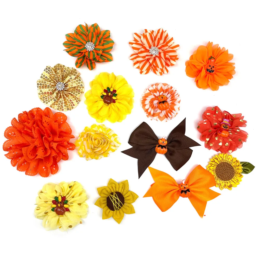 30/50pcs Thanksgiving Dog Bow Ties Charms Puppy Accessories Slidable Dog Collar Flower Turkey Style Fall Pet Supplies