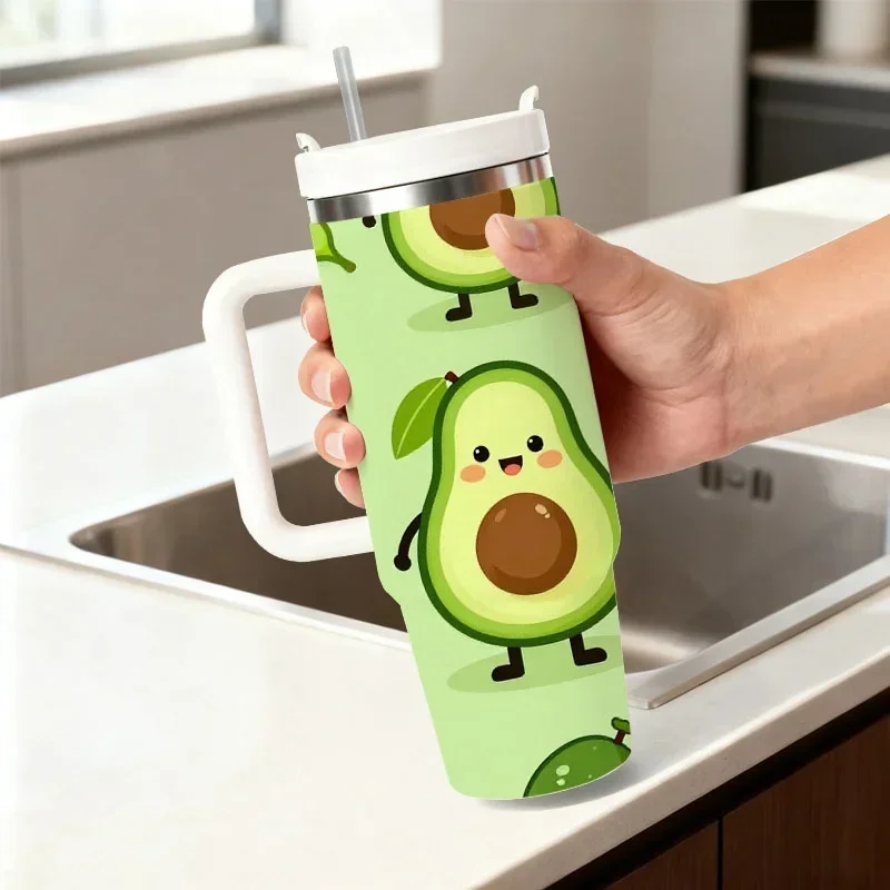 Playful Cartoon Avocado Pattern 40oz Stainless Steel Insulated Tumbler, Cute Whimsical Digital Print Water Cup, Ideal for Daily Drinks, Office Use & Outdoor Commuting