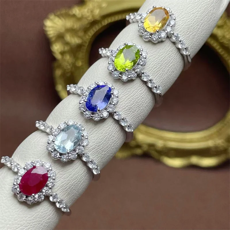 New Ring S925 Silver Natural Ruby Peridot Aquamarine Tanzanite Ring with Certificate