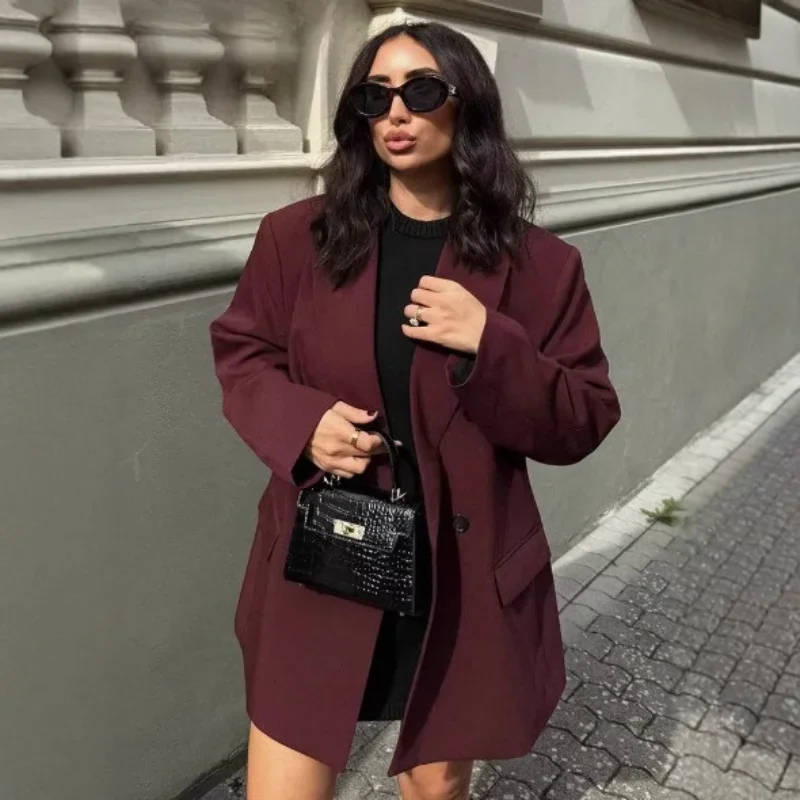 

Винтажные женские бордовые пиджаки, элегантный двубортный пиджак с лацканами и длинными рукавами, осень 202, женская офисная верхняя одежда