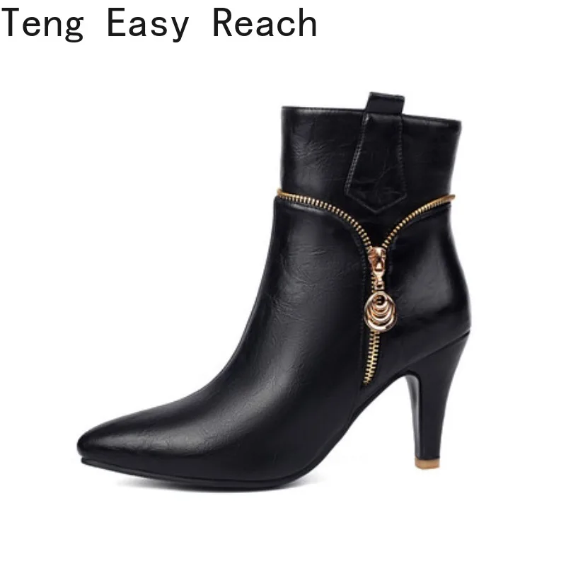 

Новые модные женские ботинки, осенние и зимние ботильоны, женская повседневная женская обувь с острым носком на тонком каблуке и молнии, размер 34-47