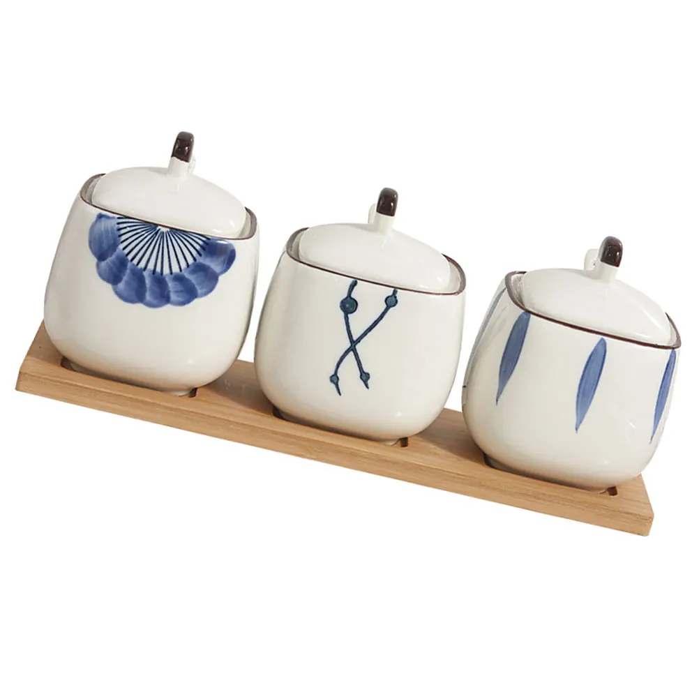 

3 Piece Seasoning Jar Set Ceramic Containers Spoon Salt Sugar Pepper Cube Holder Kitchen Tools Storage Solution