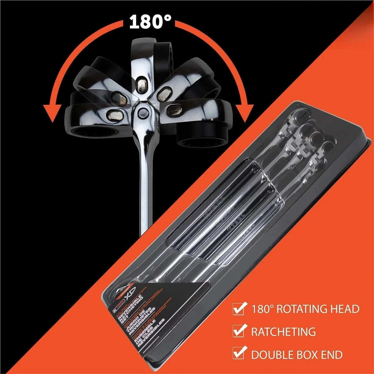 XDDBM10 5 Piece Reversible Double Box Ratcheting Wrench Set for Garages, Repair Shops, and DIY, Black