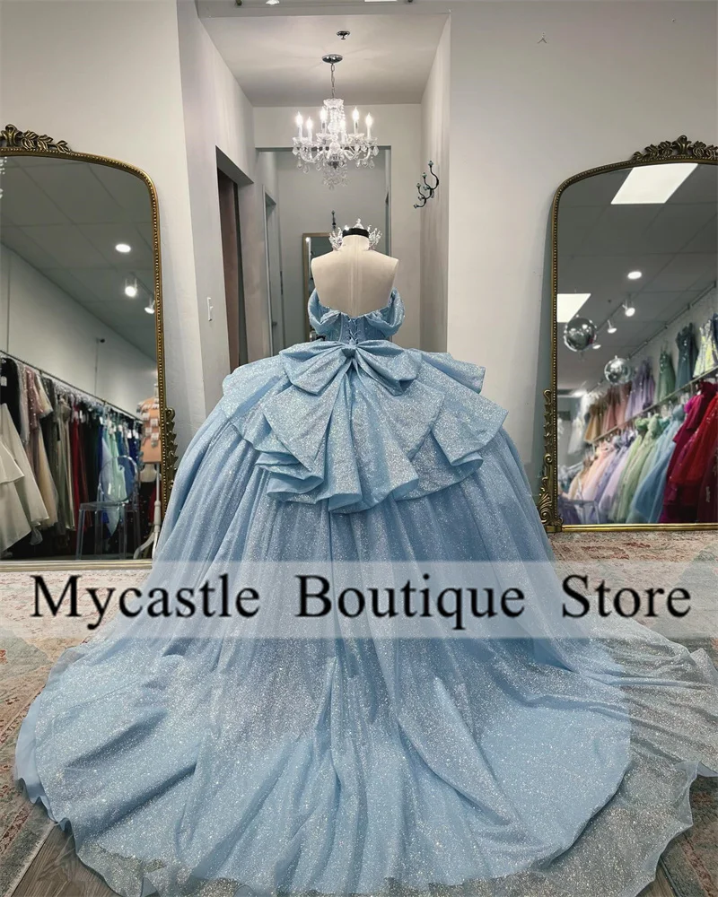 Sky Blue Tulle Beaded Quinceanera Dress 2025 With Bow Crystal Sweet 16 Dress Birthday Party Dress Customized Vestidos De 15 Años