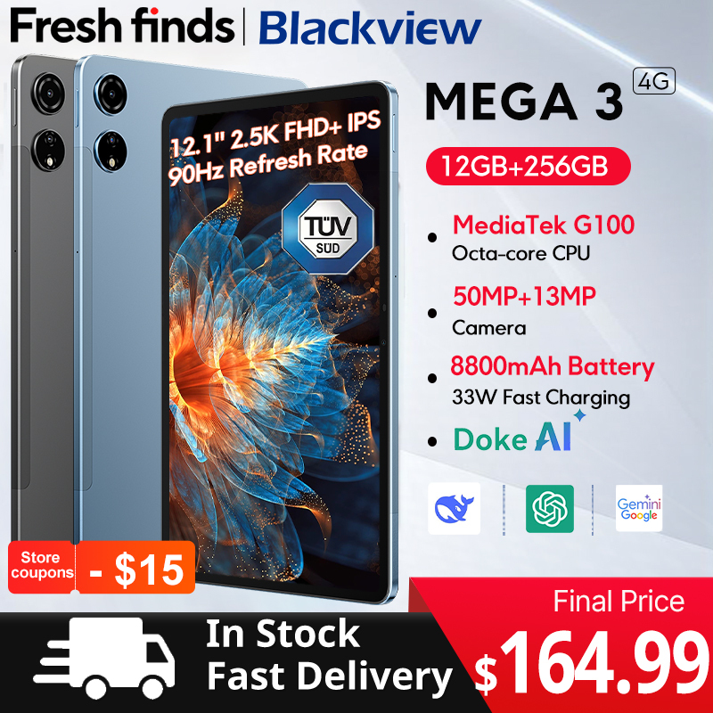  Blackview MEGA 3 Tablet 12.1" 2.5K 90Hz Display 12GB 256GB 8800mAh 50MP Camera 33W Fast Charging Android 15 Pa 