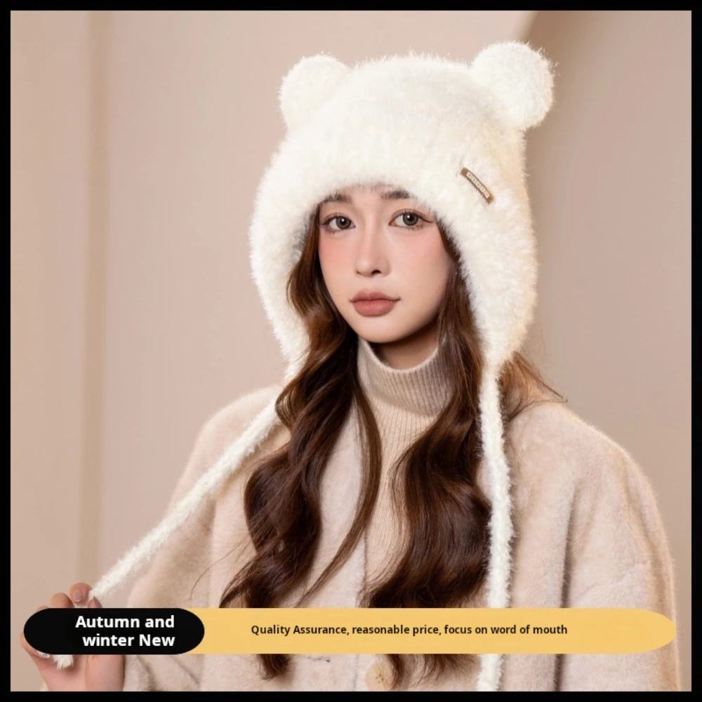 

Fashion Cute Bear Ears Winter Hat Woolen Ear Protection Bucket Hat Plush Cold-proof Cycling Cap For Women