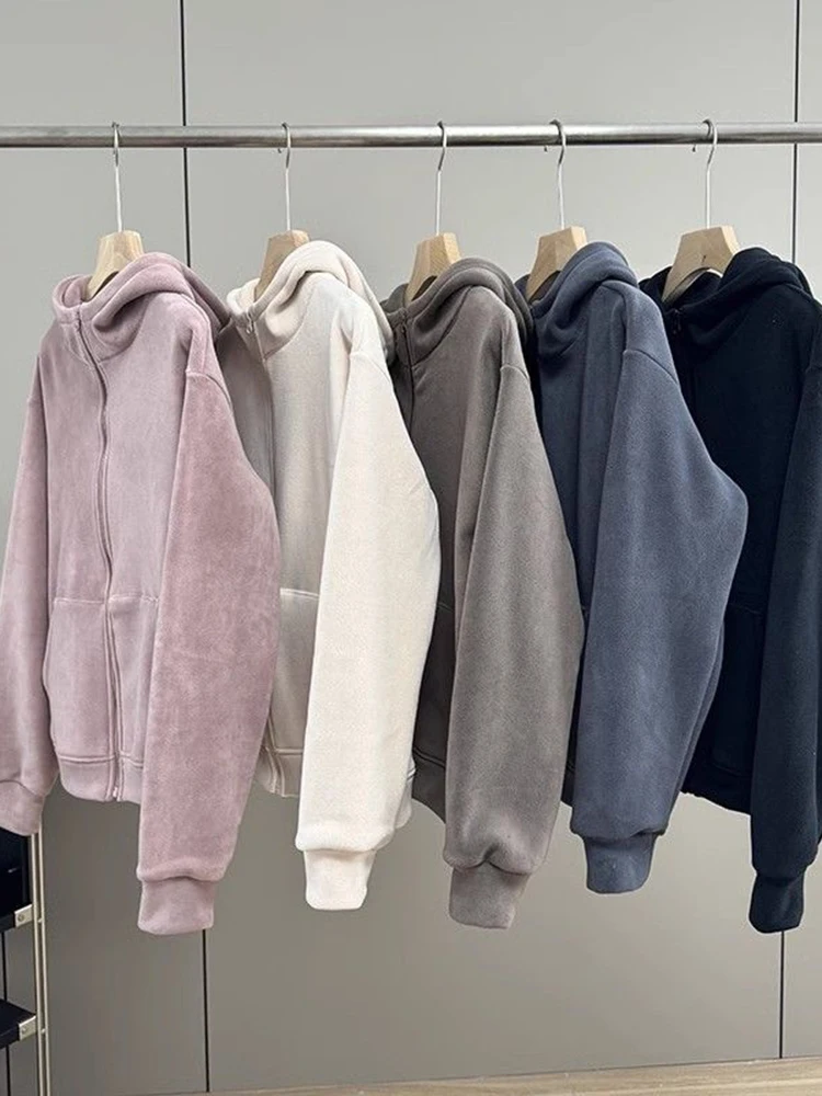 Korean Casual Double-Sided Orly Fleece Fleece Fleece Hooded Women Hoodie Winter Women's Loose and Thick Warm Hoodie Jacket