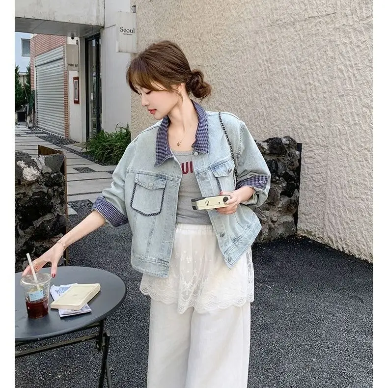 

Denim Coat Women Womens Spring Ruched Slim-Fit Techwear Versatile Training Soft O-Neck 2000S Flip-Collar Personality Lady