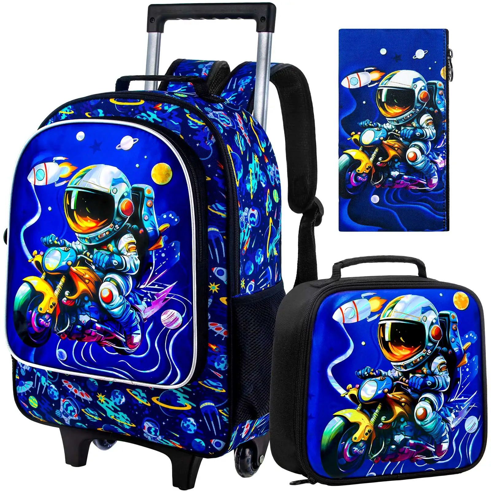 3PCS Astronaut Rolling Backpack for Boys, Kids School Backpacks with Wheels, Water Resistant UV Printed Roller Wheeled Bookbag