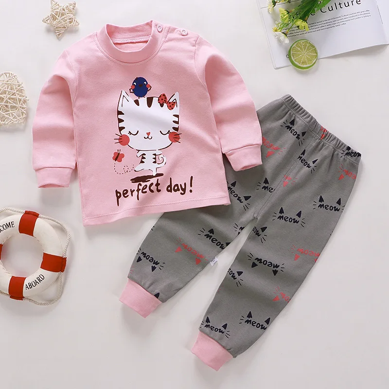 Boys Girls Sleepwear Kids Unisex Casual Pajama Suit Cartoon Print Long Sleeve Tops+ Pants