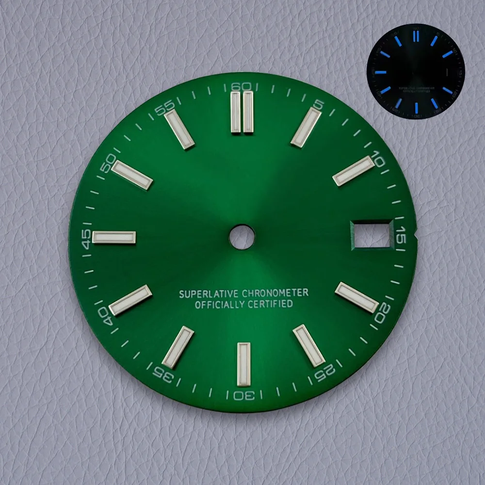 28.5mm S 로고 햇살 다이얼 NH35/NH36/4R 일본 무브먼트 블루 빛나는 고품질 다이얼 시계 수정 액세서리