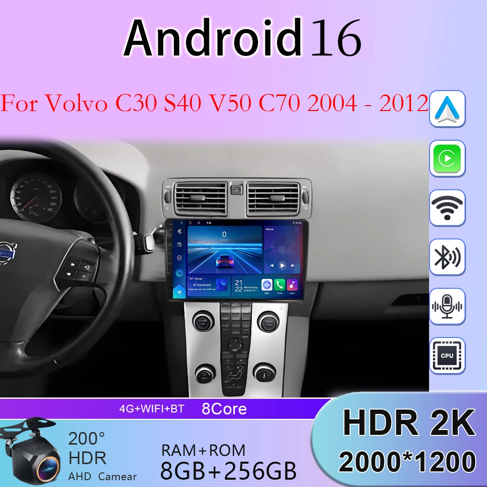 12+256 For Volvo C30 S40 V50 C70 2004 2005 2006 2007 2008- 2012 2 Din Android Radio Auto Carplay 4G Car Multimedia GPS Autoradio