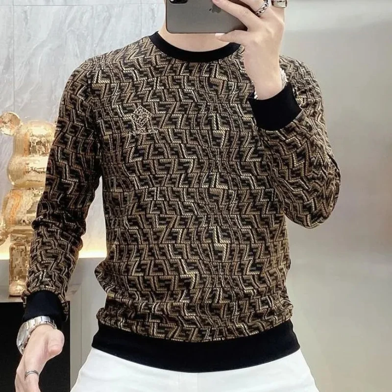 

2024 Autumn Winter New Men's Trendy Splicing Pullovers O-Neck Printed Fashion Slim Minimalist Casual Long Sleeve Sports Tops