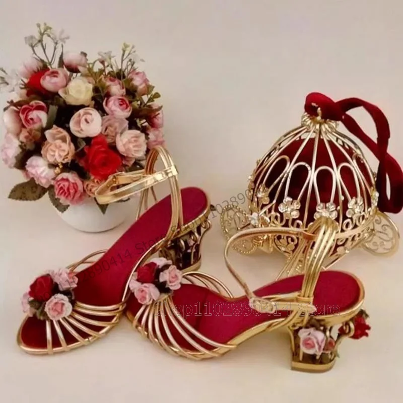 Flower Decor Metal Birdcage Heel Court Style Sandals Ankle Buckle Strap Women Shoes New Fashion Banquet 2024 Zapatos Para Mujere