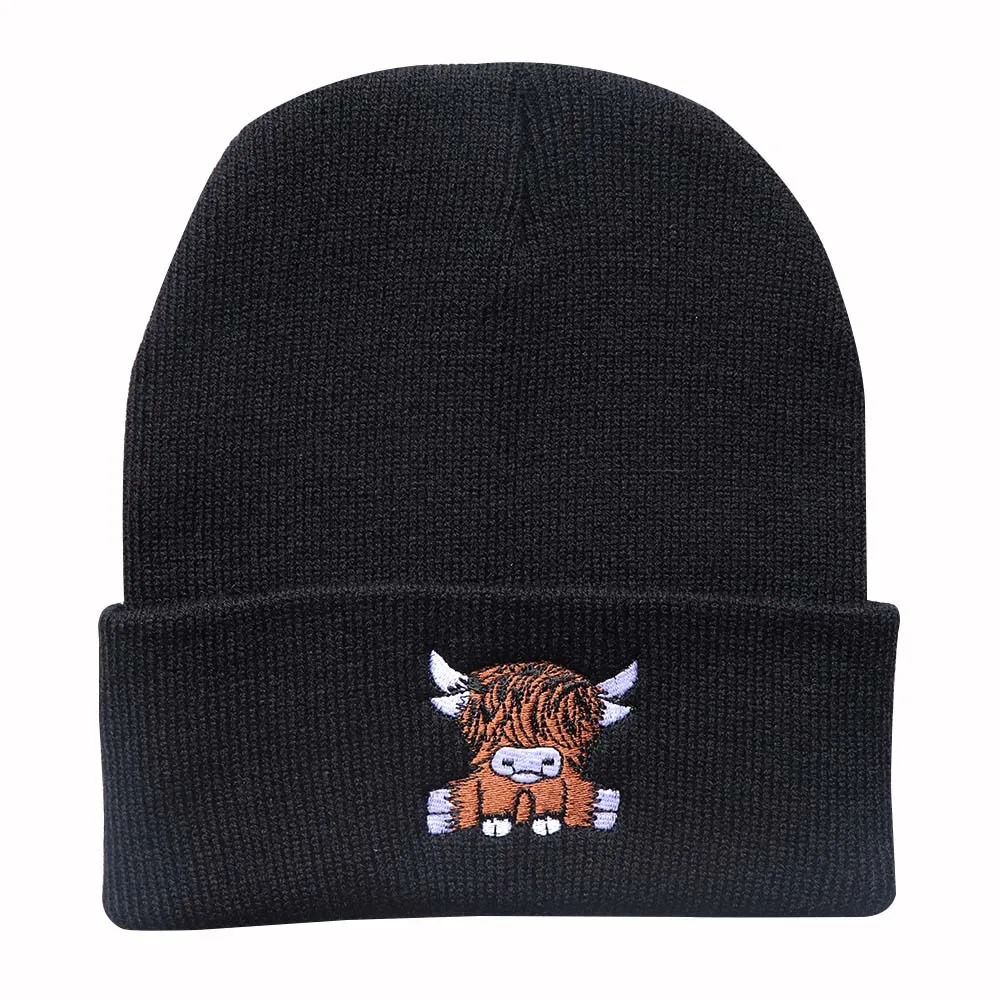 Cute yak embroidered knitted hats for men and women, autumn and winter outdoor warm sports event woolen hats, bean hats