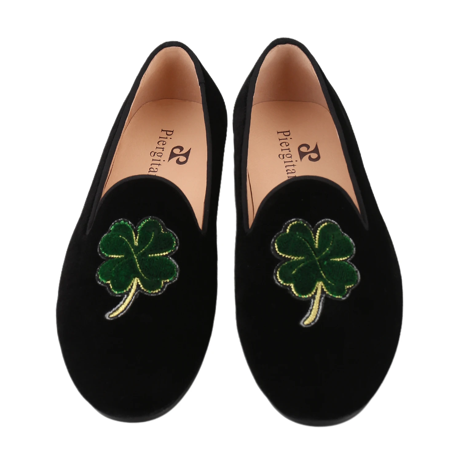 Piergitar Black Velvet With Handmade Clover Badge Slip-On Loafers Classic Model Men's Moccasins For Party Wear Leather Insole