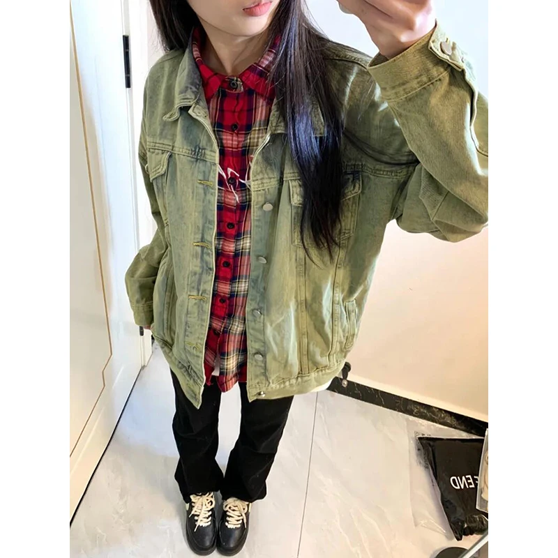 

PBAP Vintage Stitch Pockets Denim Jacket Women Green Wash Long Sleeves Single-breasted Casual Oversized Coat Grunge Y2k Outwear