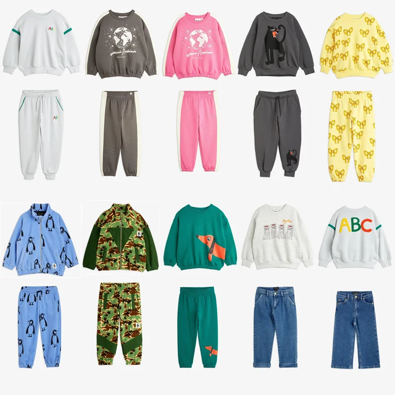 2024 Autumn M.R Kids Sweashirts and Casual Pant Set Penguin Puggy Printed Winter Fleece Girl Boy Sweaters Hoodies and Trousers