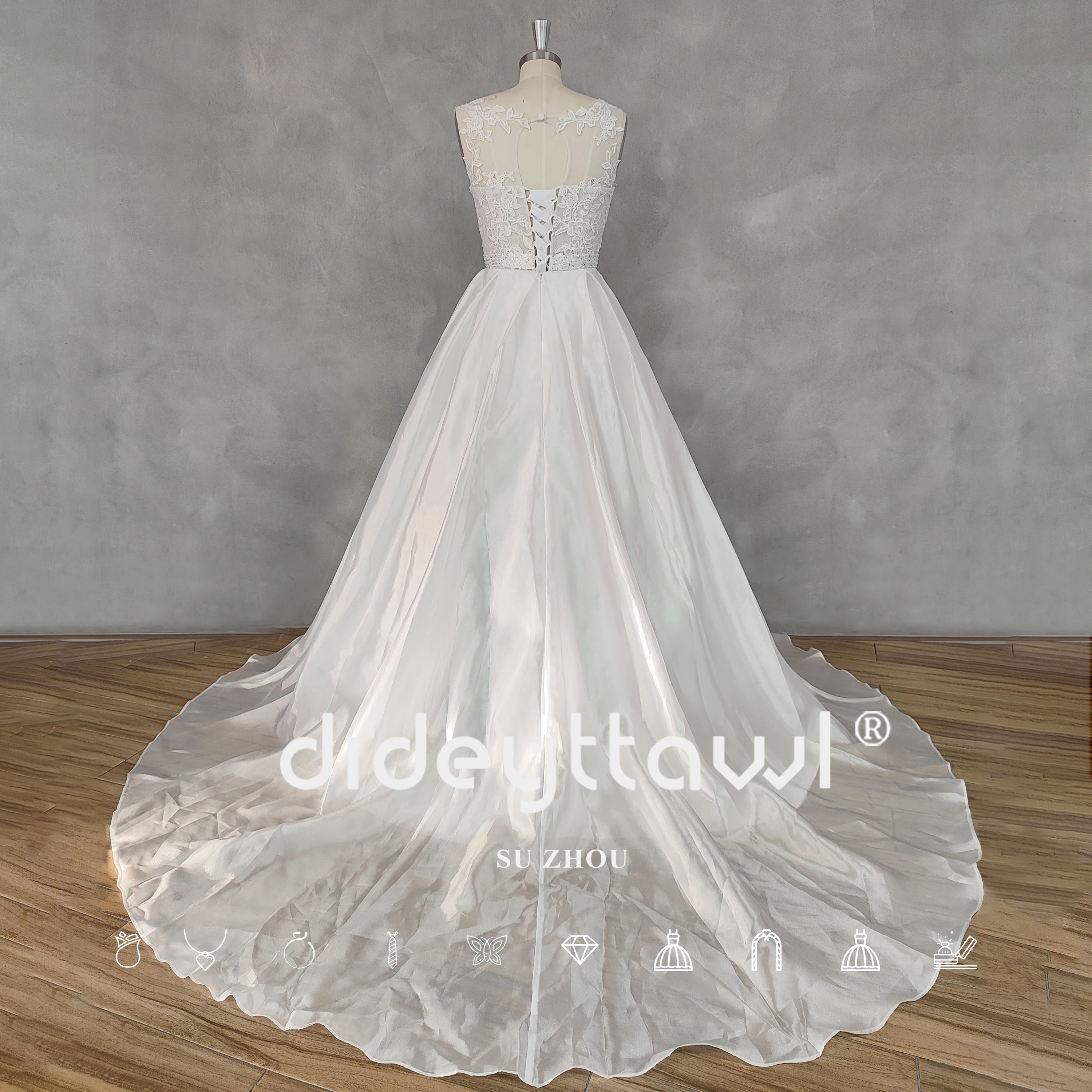 DIDEYTTAWL Real Picture O-Neck A-Line Appliques Sleeveless Satin Wedding Dress Lace Up Back Court Train Bridal Gown Custom Made